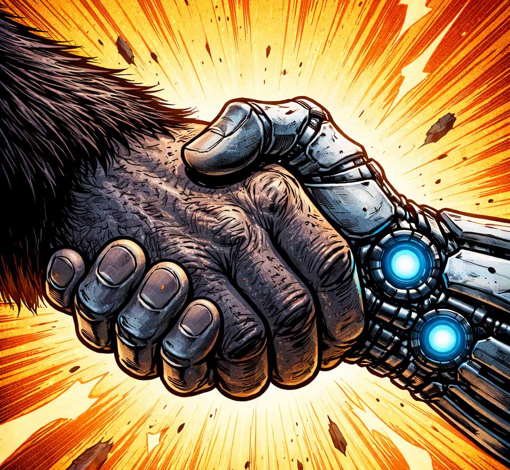 Illustrated human-like ape hand and robotic hand meeting in a handshake
